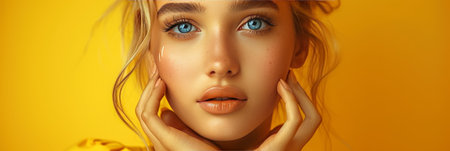 Beautiful blonde woman with healthy skin touching face, natural makeup on studio backgroundの素材