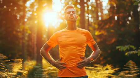 Man in pain holding belly after park exercise, illustrating muscle injury and discomfort concept.の素材