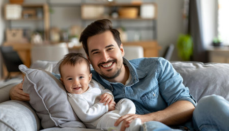 Father holding newborn baby at home with blurred background, copy space for textの素材
