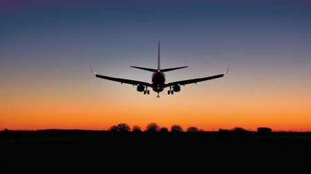 Panoramic view of a modern passenger airplane flying in the sunset sky, travel conceptの素材