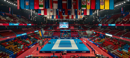 Step into competitive fencing world with venue ambiance, lighting, strips, and spectators.の素材