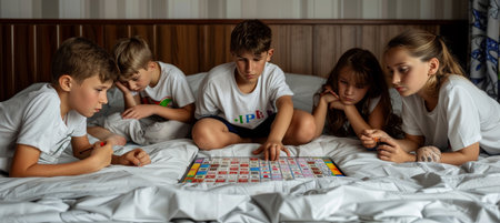 Happy kids playing board game in cozy living room, enjoying a heartwarming moment togetherの素材