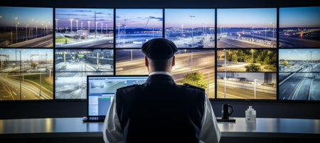 Security guards monitoring traffic in control room with video wall for legal serviceの素材
