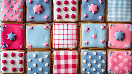 Iced cookies with vintage quilt pattern in blue and pink on colorful dough backgroundの素材