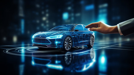Automotive engineer using ai system for smart ev car design on hologram productionの素材