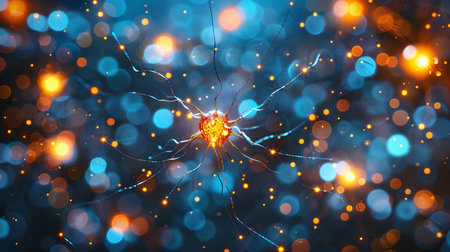 Detailed close up of human brain displaying firing neurons and intricate neural connections.の素材