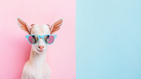 Playful goat wearing stylish sunglasses on pastel background, copy space availableの素材
