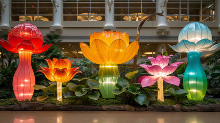 Enchanting garden with towering blossoms, luminescent foliage, and magical mushroomsの素材
