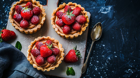 Strawberry mini tart on white cutting board with vintage teaspoons, from above viewの素材