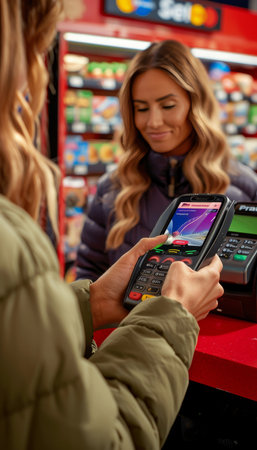 Contactless payment transaction in progress  hand holding smartphone near payment terminalの素材