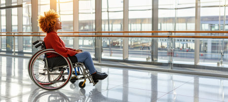 A smiling businesswoman in a wheelchair working efficiently in a modern office environmentの素材