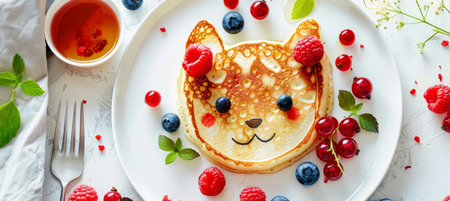 Adorable tiger face pancake with berries and honey on white plate for kids breakfast with copy spaceの素材