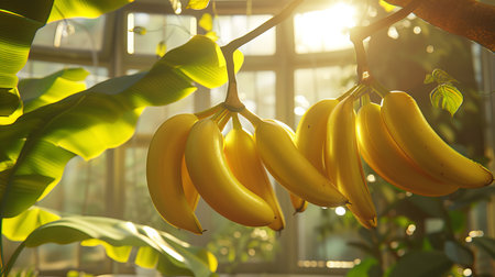 Organic ripe bananas growing on tree in greenhouse, healthy fruits concept with copy space.の素材