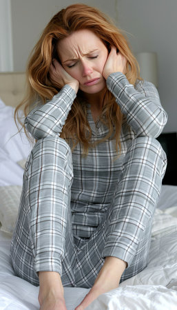 Lonely woman in pajamas feeling depressed and sad while sitting on her bed in a moment of despairの素材