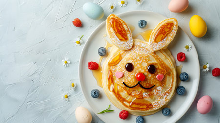 Easter bunny pancake breakfast with berries, honey, and pastel eggs on a bright white background.の素材