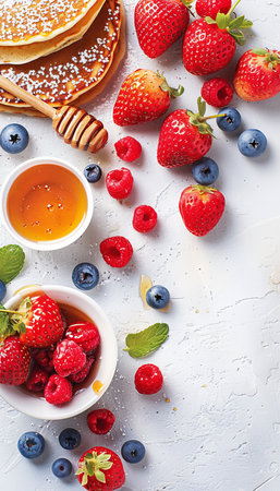 Delicious homemade american pancakes with fresh berries, honey, and copy space on white backgroundの素材