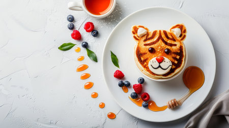Cute tiger face pancake with berries and honey on white plate, perfect children s breakfast conceptの素材