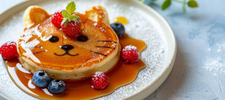 Creative kids breakfast  tiger face pancake with berries and honey on white plate, copy spaceの素材
