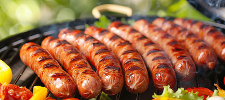 Delicious bbq dinner with perfectly grilled sausages on a clean, real life style table setting.の素材
