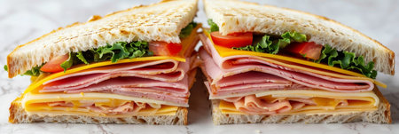 Triangle sandwich with ham, cheese, tomato, salad on neutral background, copy space availableの素材