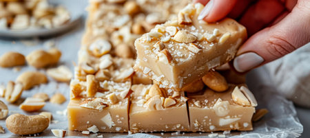 Crunchy peanut brittle being broken, showcasing texture and peanuts on white backgroundの素材