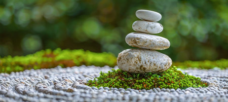 Tranquil zen garden composition with thuja branches and stones for serene ambiance and balanceの素材