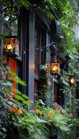 Lantern lit courtyard oasis  traditional charm with lush greenery and colorful flowersの素材
