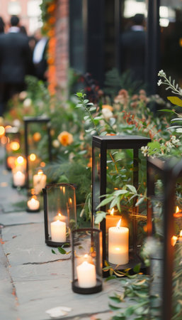 Lantern lit courtyard  traditional charm with lush greenery and colorful flowersの素材