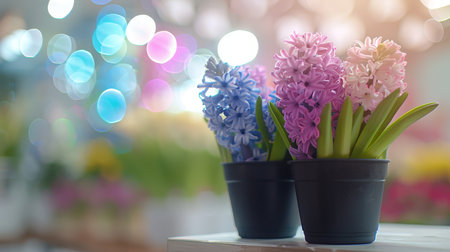 Beautiful hyacinth flowers in pots with blurred background and copy space, spring floral decorationの素材