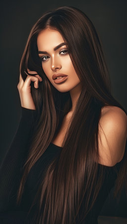 Stylish brunette woman with long shiny hair on dark background   haircare beauty conceptの素材