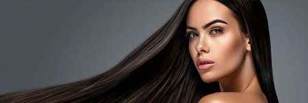 Dark background, shiny long hair brunettebeauty, health, hair care product ad with copy spaceの素材