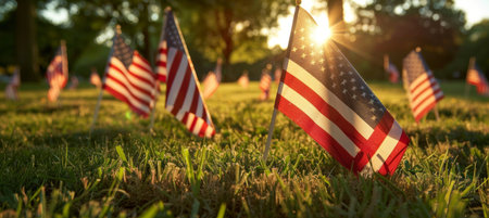 Honoring american veterans on memorial day with flags on graves at a national cemeteryの素材