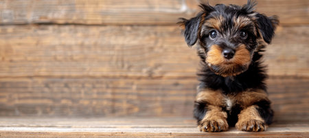 Curious puppy peeking over beige wooden background, cute dog on blurred space with room for text.の素材