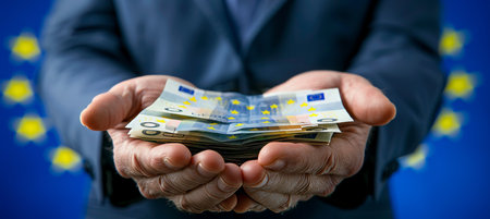 Businessman holding stack of euro bills with eu flag background   financial success conceptの素材