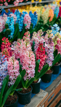 Vibrant hyacinth flower pots against defocused backdrop, ideal for text placement.の素材