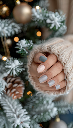 Neutral color gel polish manicure on square nails, festive bokeh background with copy spaceの素材