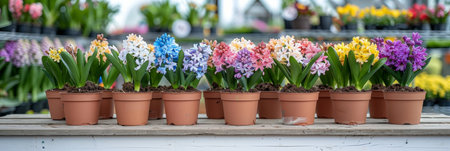 Vibrant hyacinth flowers in pots with blurred background, perfect for text, spring garden settingの素材