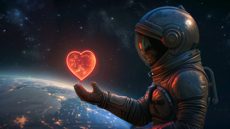 Astronaut in futuristic space suit holding glowing heart in outer space with earth in backgroundの素材