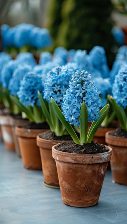 Hyacinth flowers in pots on blurred background with space for text, creating a serene ambianceの素材