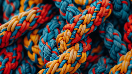 Strong diverse team unity and partnership concept with colorful rope integration on backgroundの素材