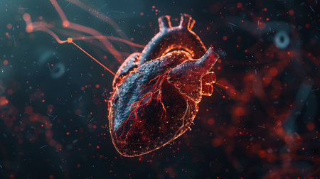 Digital red cardiac pulse line shapes human heart on black background   cardiology, health conceptの素材