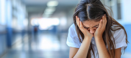 Upset teenage girl crying in school corridor with copy space, concept of learning difficultiesの素材