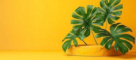 Minimalist podium display stand with yellow texture and plant shadow for summer fashion sale artの素材