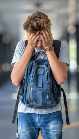 Teenage boy crying in school corridor, showing learning difficulties, with blurred background.の素材