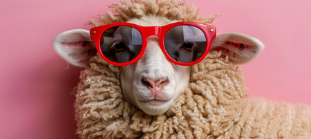 Funny sheep with sunglasses on pastel color background, space for text placementの素材