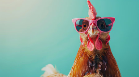 Stylish chicken in sunglasses on pastel background with text space, whimsical animal theme.の素材