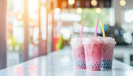Bubble tea assortment on blurred coffee shop background, ideal for cafe menu with copy space.の素材