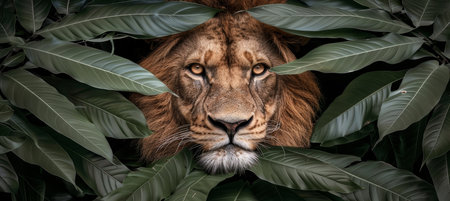 Majestic lion in lush tropical jungle, showcasing wildlife beauty in its natural habitat setting.の素材