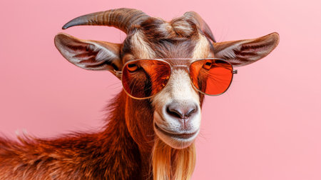 Playful goat donning sunglasses, set against pastel backdrop for text, with ample space.の素材