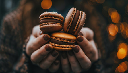 Hand holding a box of vibrant and colorful macarons, sweet french treats and dessertsの素材